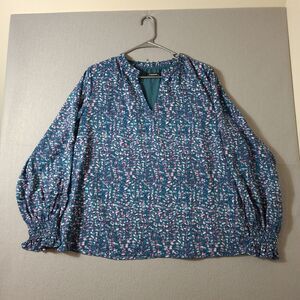 Women's Size XL Blouse Top Teal Abstract Floral Print Lined Smocked Cuffs